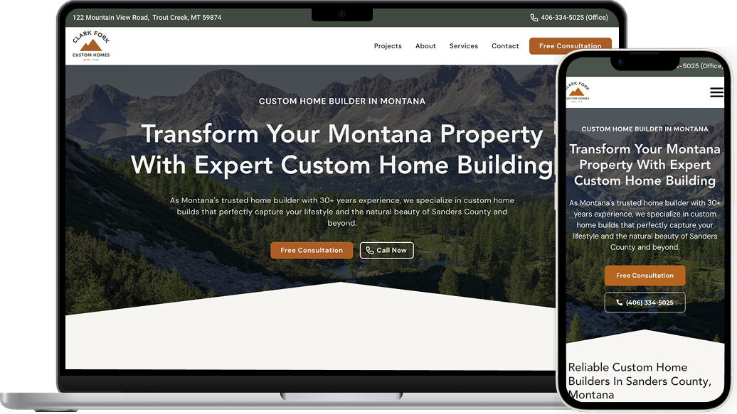 Web design for local home builder, Clark Fork Custom Homes