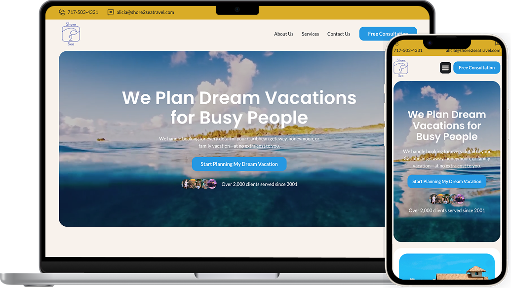 Web design for local travel agency, Shore 2 Sea Travel